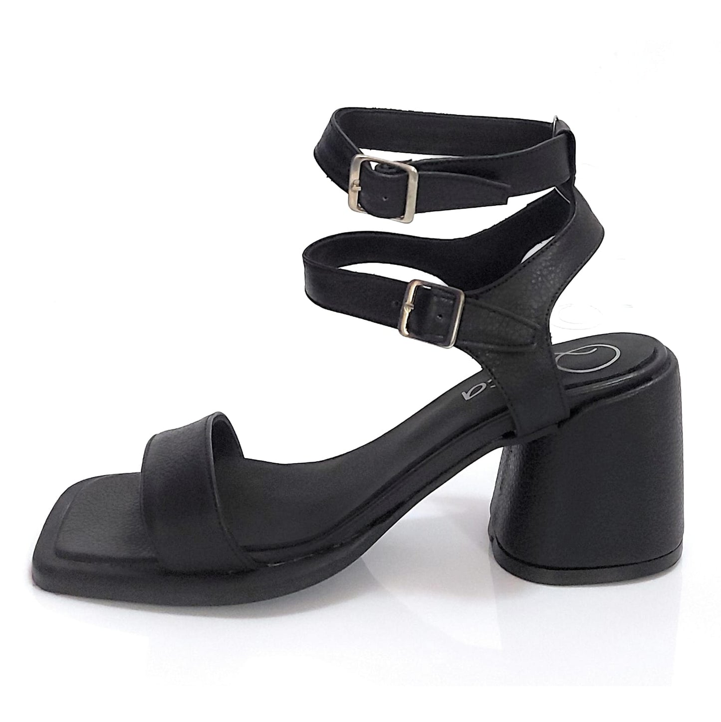 Sandalias de Vestir de Mujer Taco Mediano Punta Cuadrada de Cuero Negro doble Pulsera Quica Rosario