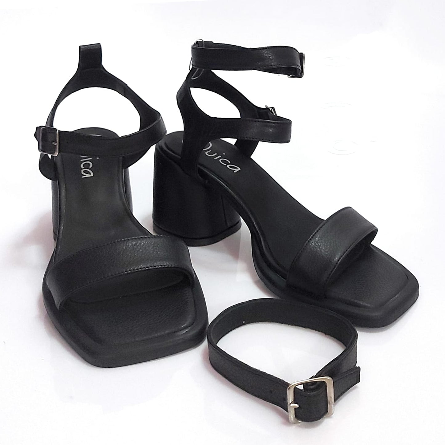 Sandalias de Vestir de Mujer Taco Mediano Punta Cuadrada de Cuero Negro doble Pulsera Quica Rosario