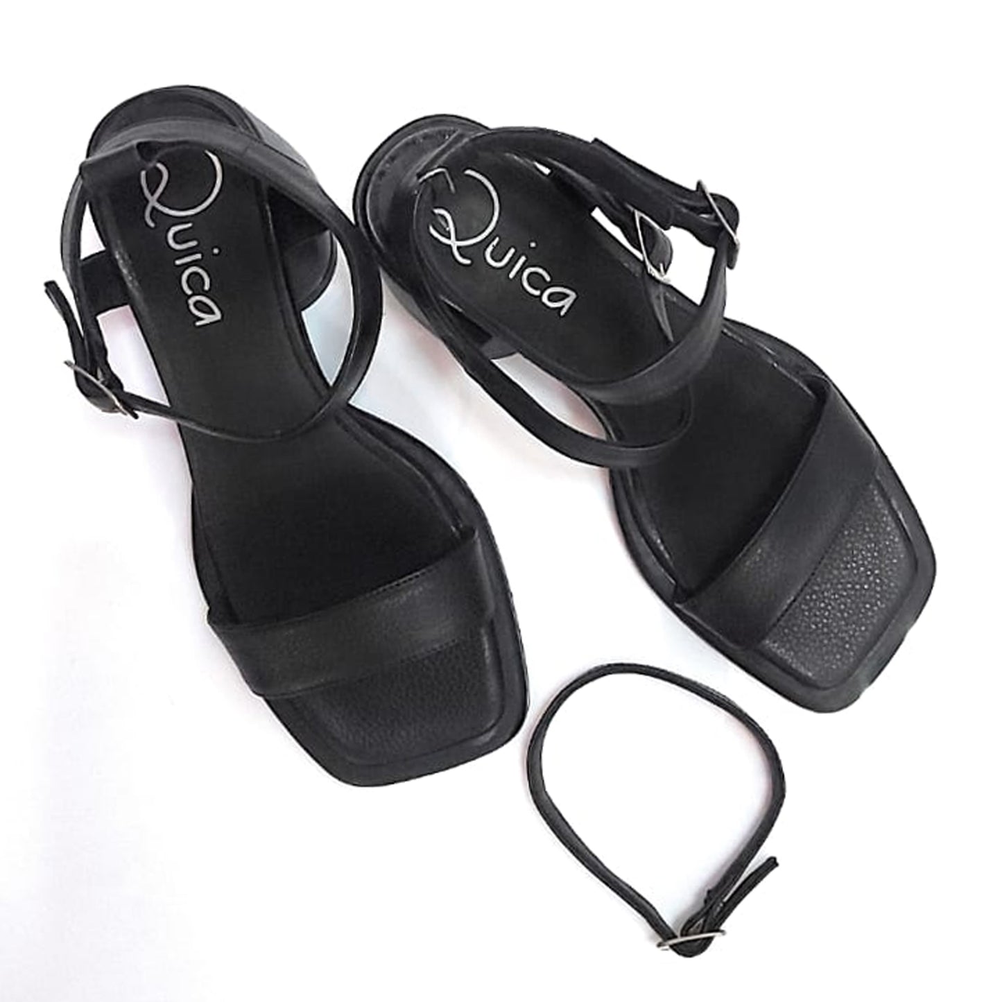 Sandalias de Vestir de Mujer Taco Mediano Punta Cuadrada de Cuero Negro doble Pulsera Quica Rosario