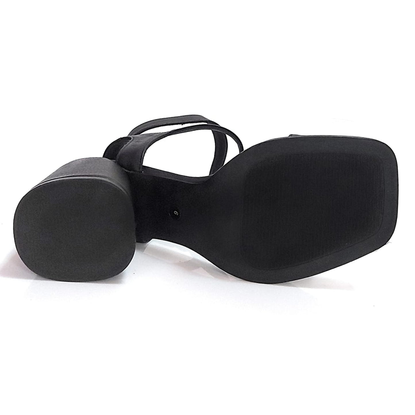 Sandalias de Vestir de Mujer Taco Mediano Punta Cuadrada de Cuero Negro doble Pulsera Quica Rosario