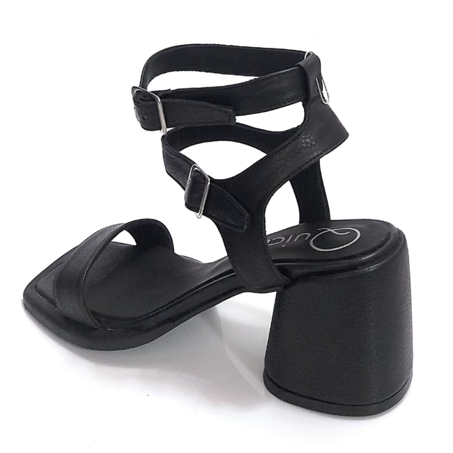 Sandalias de Vestir de Mujer Taco Mediano Punta Cuadrada de Cuero Negro doble Pulsera Quica Rosario