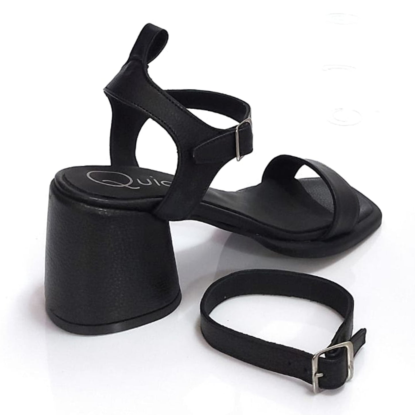 Sandalias de Vestir de Mujer Taco Mediano Punta Cuadrada de Cuero Negro doble Pulsera Quica Rosario