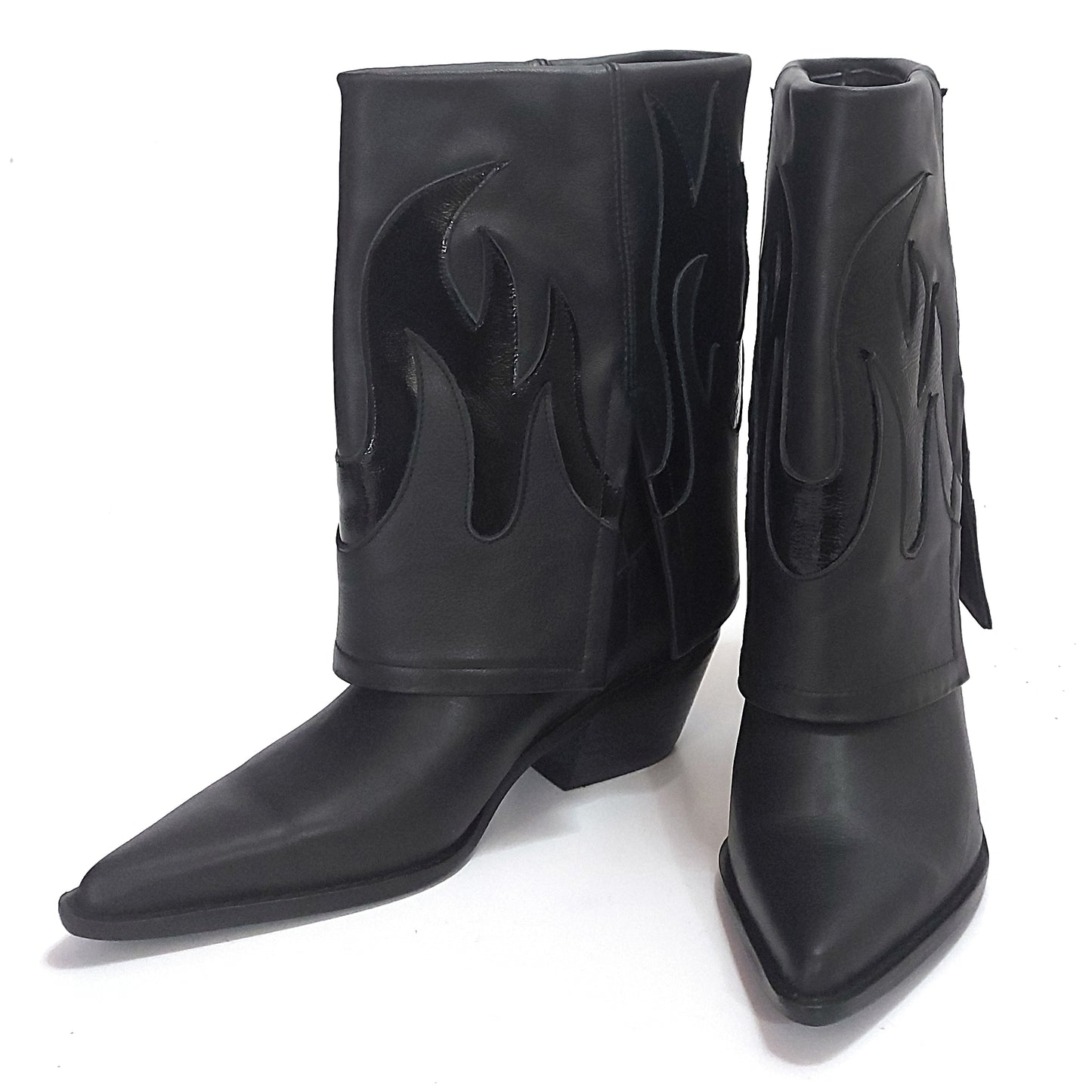 Bota Vaquera Caña Volcada Mujer Cuero Negro Quica Fuego