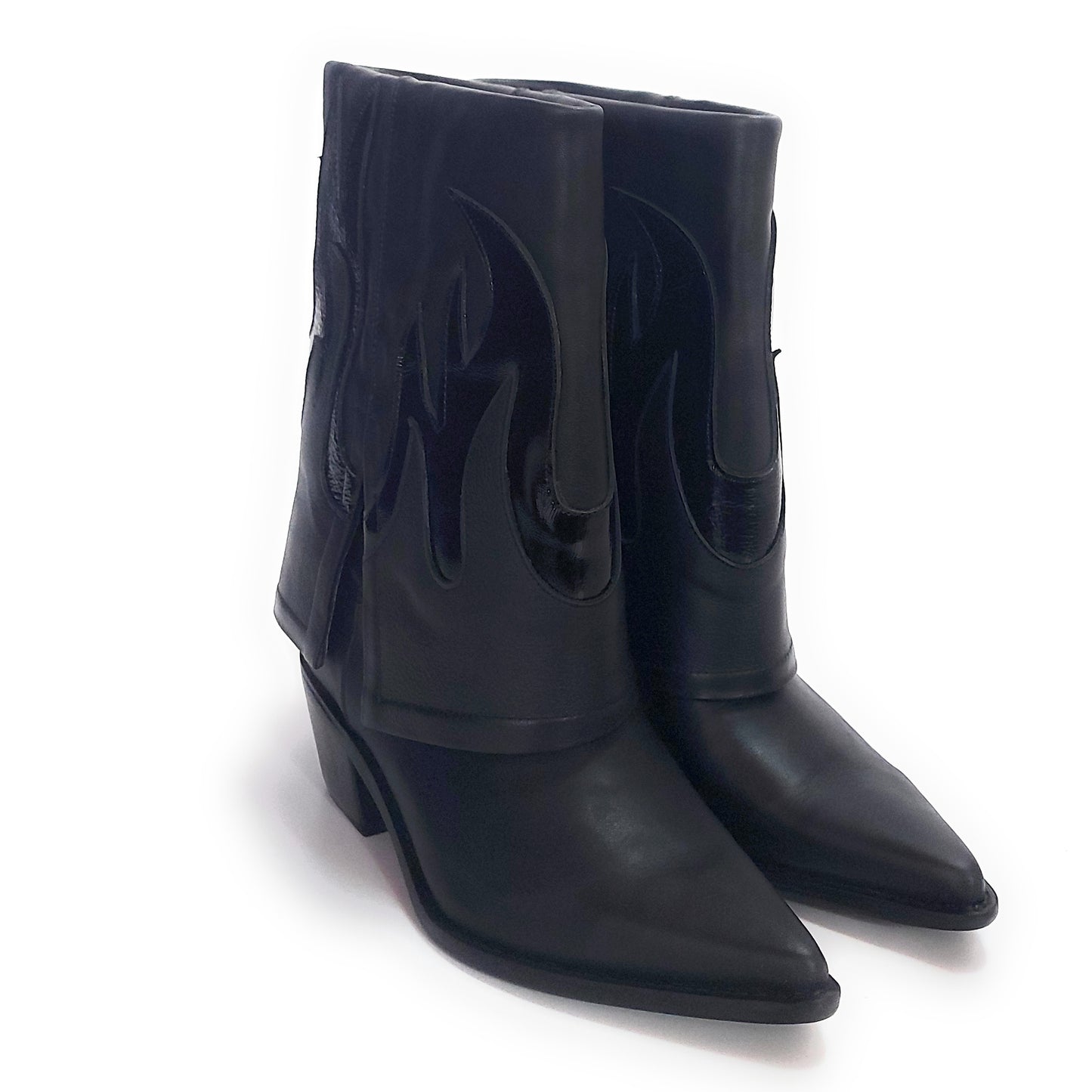 Bota Vaquera Caña Volcada Mujer Cuero Negro Quica Fuego