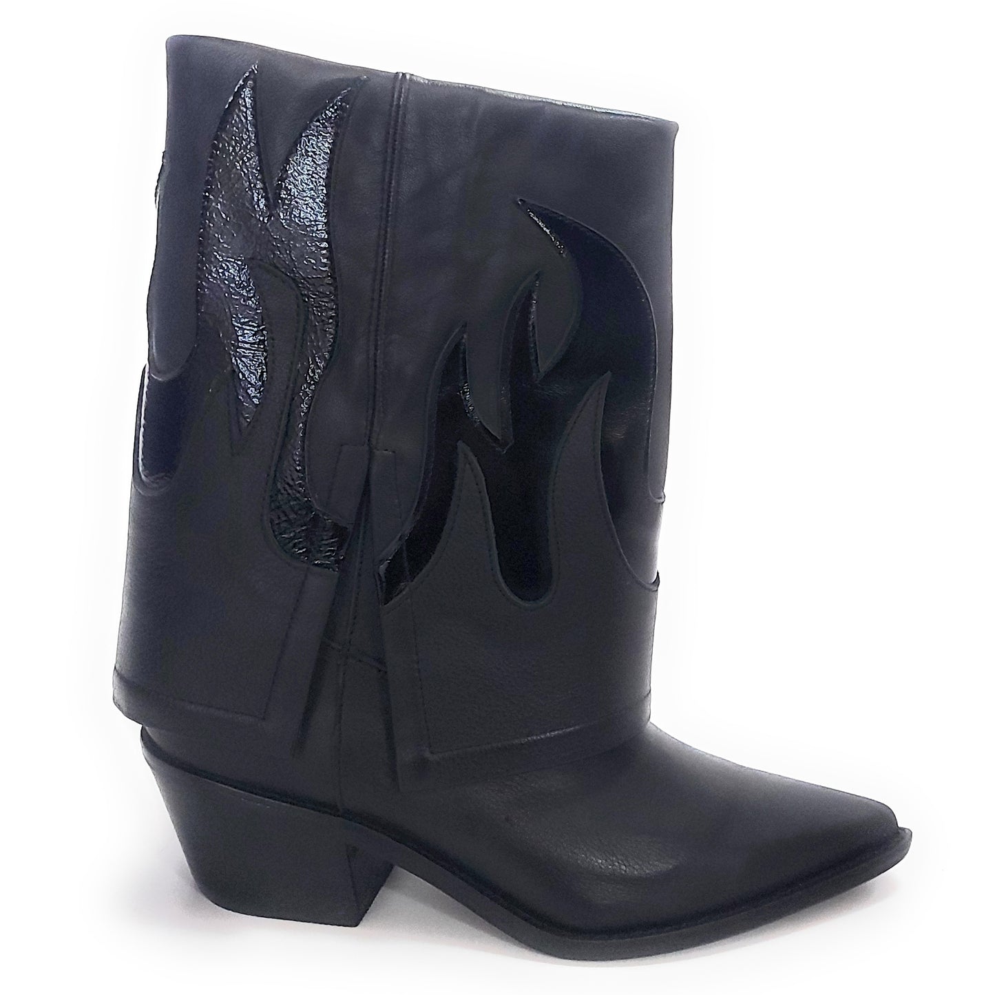 Bota Vaquera Caña Volcada Mujer Cuero Negro Quica Fuego