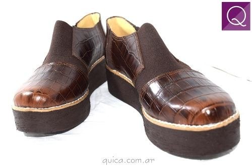 Zapato Botineta Plataforma Cuero Crocco Chocolate Quica Lima