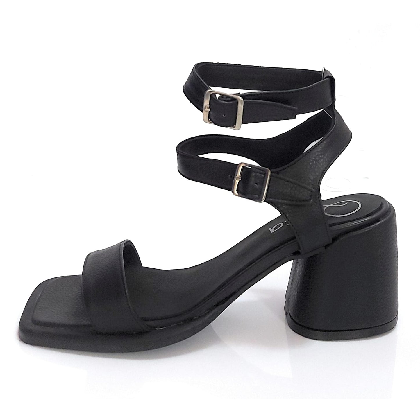 Sandales habillées pour femmes Talon moyen Bout carré Cuir noir Double bracelet Quica Rosario