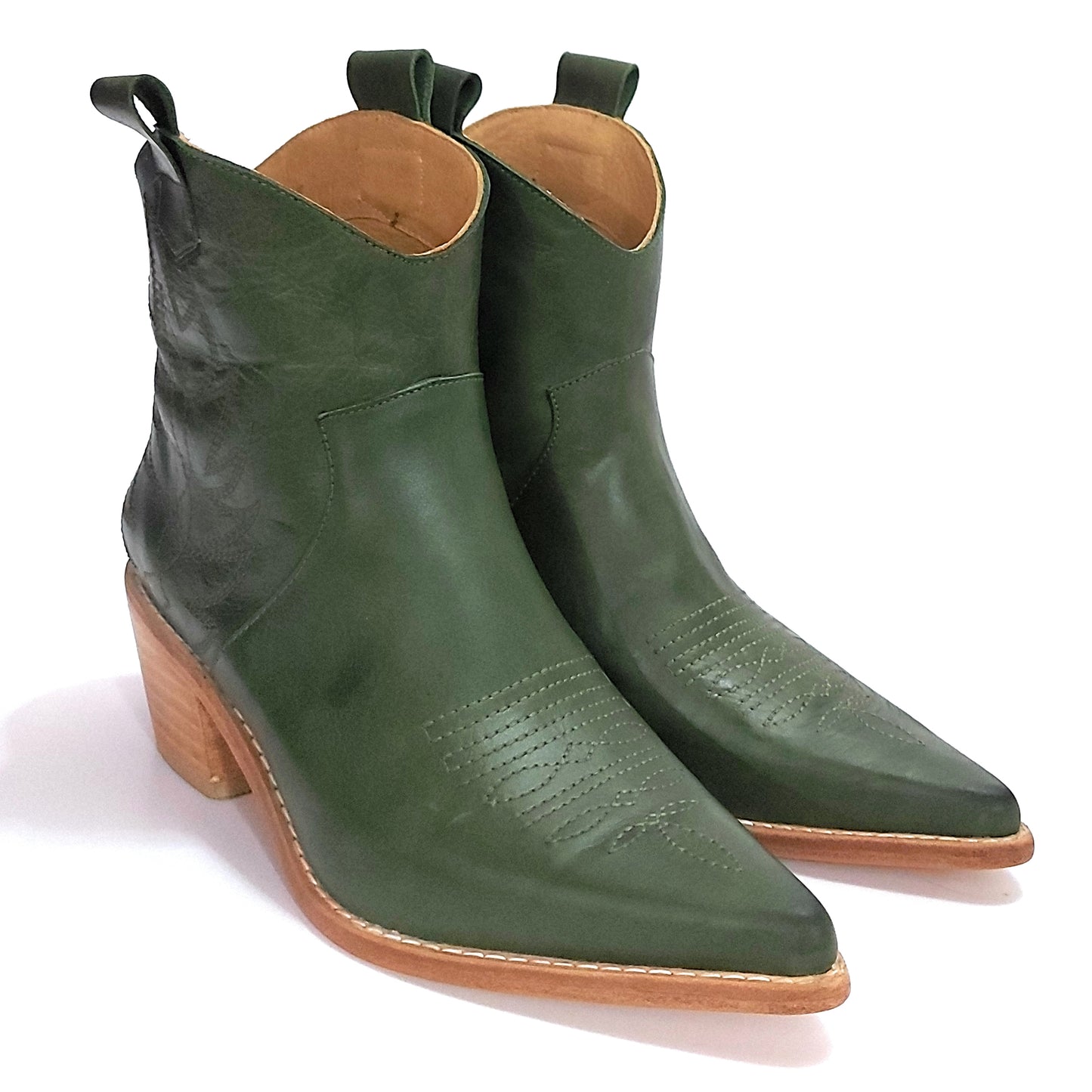 Green Texan Boots for Women, Short Leather, Embroidered, Quica Laguna