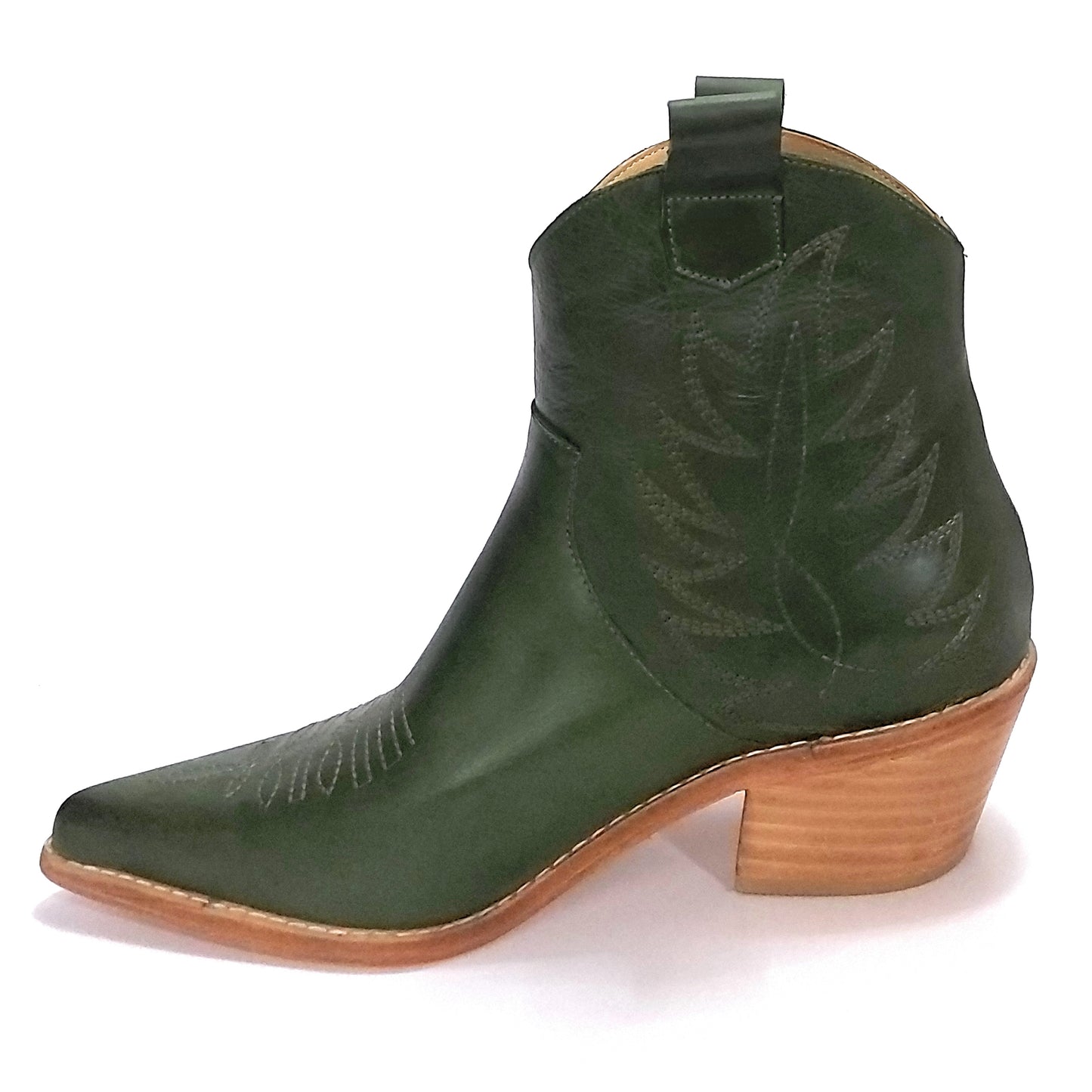 Green Texan Boots for Women, Short Leather, Embroidered, Quica Laguna