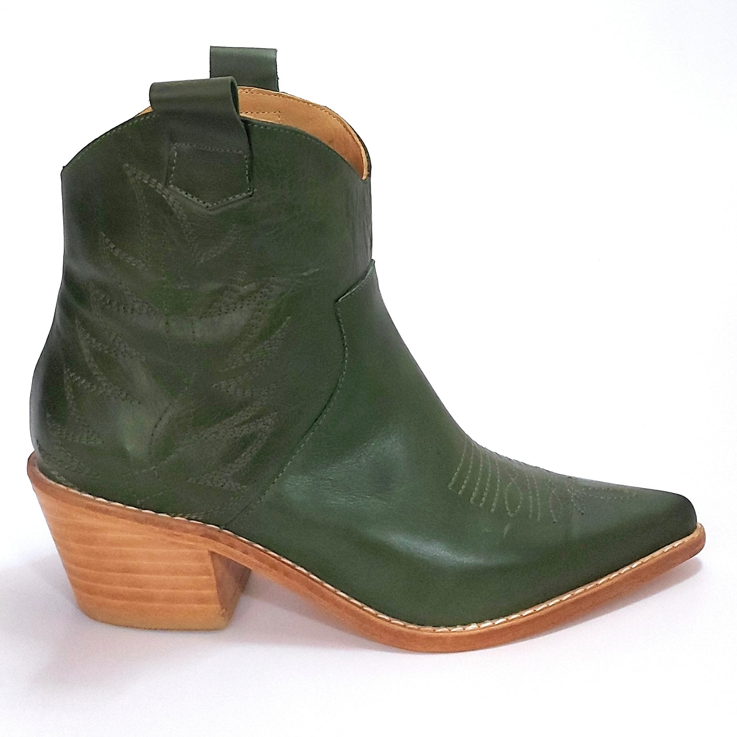 Green Texan Boots for Women, Short Leather, Embroidered, Quica Laguna