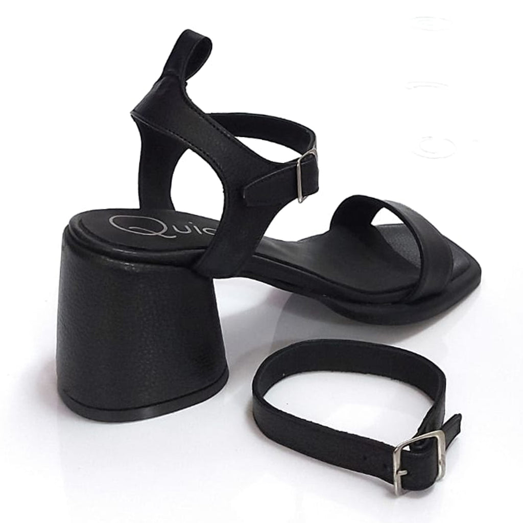 Sandalias Punta Cuadrada de Cuero Negro doble Pulsera