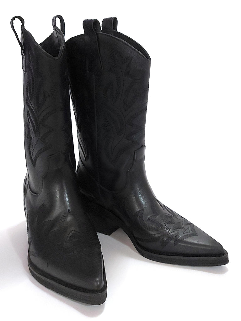 Botas Texanas Mujer Cuero Negro Bordadas Quica Tafi