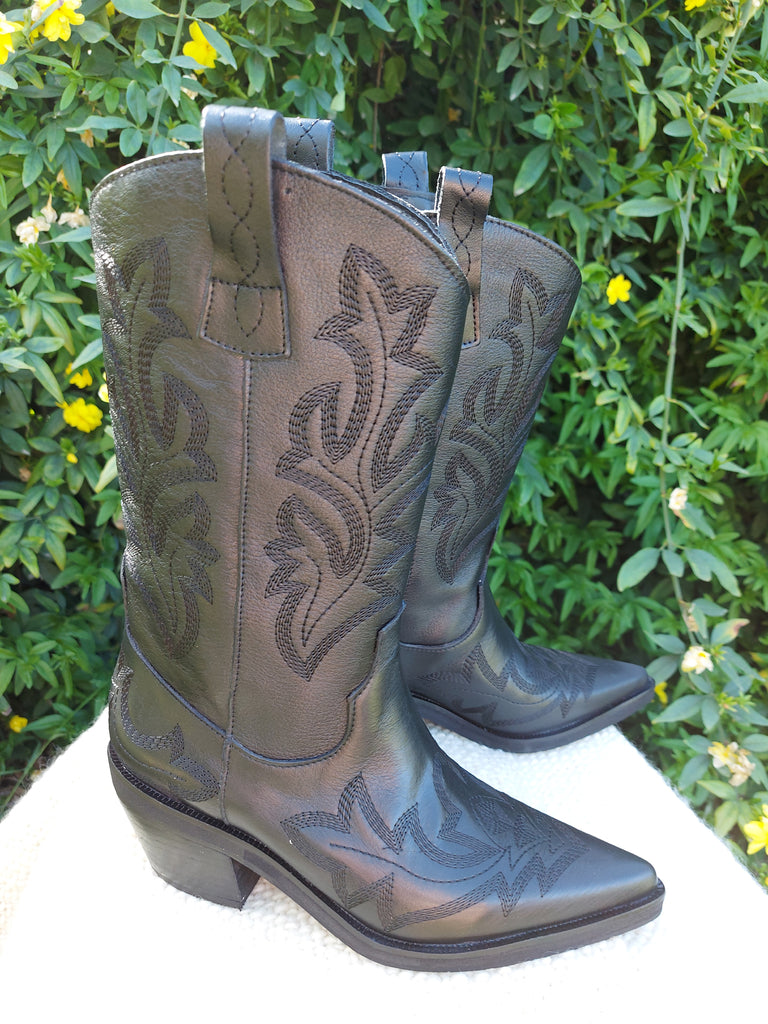 Botas Texanas Mujer Cuero Negro Bordadas Quica Tafi