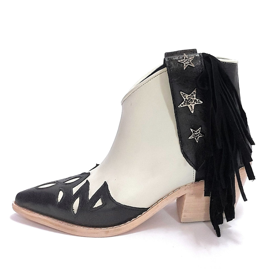 Botas Texanas Cortas Mujer Charros Cuero Flecos Quica Motoco